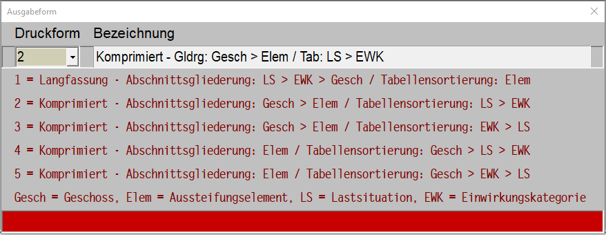 Auswahldialog Ausgabeformen